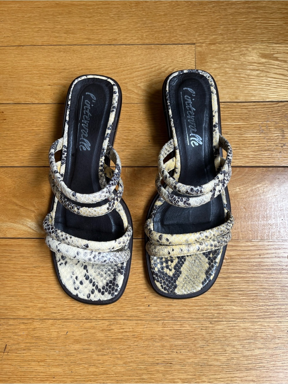 L'INTERVALLE Snake-Print Triple-Strap Slide Sandals in Cream and Black